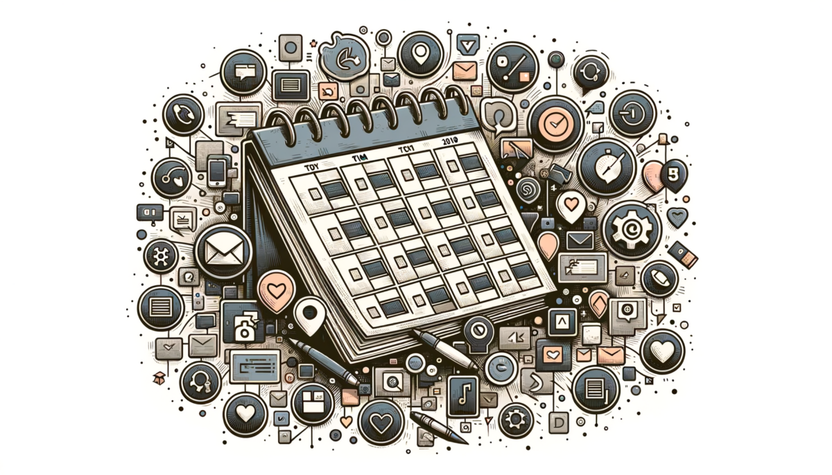 An organized calendar with various social media icons and scheduling tools scattered around it