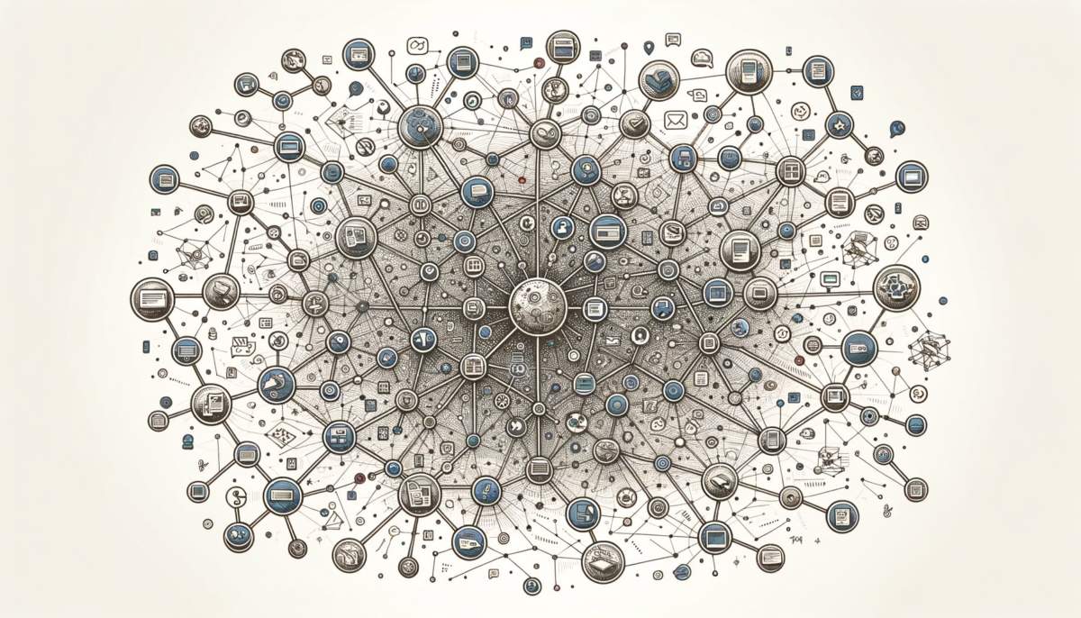 A complex network of interconnected nodes and lines
