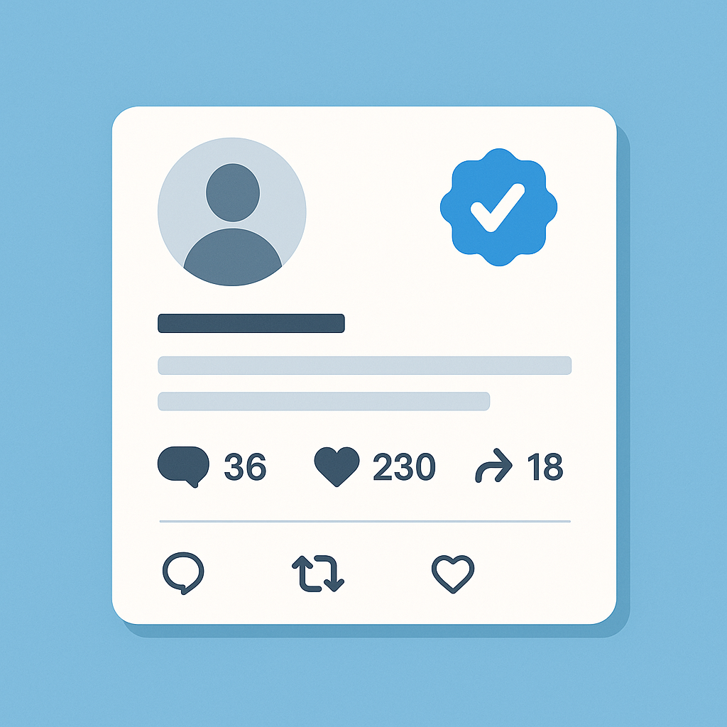A flat-style illustration of a social media profile featuring a blue verified check badge beside the username, with icons for likes, comments, and shares symbolizing engagement, authenticity, and trust.
