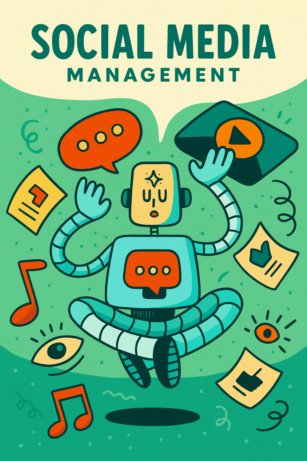 A colorful illustration of a robot juggling different social media elements. The robot is light blue with teal and yellow accents, sitting cross-legged in a meditative pose. Around it float icons representing communication and content: orange speech bubbles, a green play button, a yellow page with a thumbs-up symbol, red music notes, and eye symbols for analytics. The background is green with playful abstract shapes. At the top, bold text reads “SOCIAL MEDIA MANAGEMENT.”