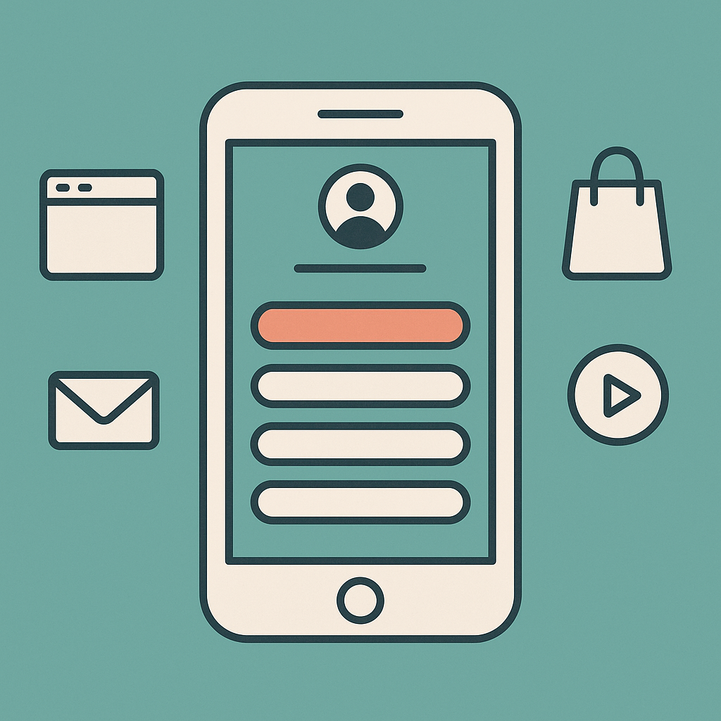 Minimalist illustration of a smartphone displaying a link-in-bio page with several buttons, surrounded by icons for email, shopping, and media on a pastel teal background.