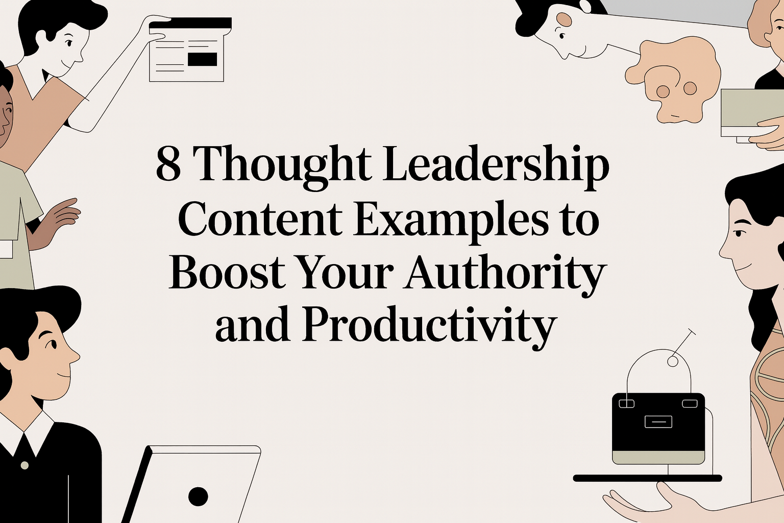 Images of people with computing devices surrounding the words "8 Thought Leadership Content Examples to Boost Your Authority and Productivity"