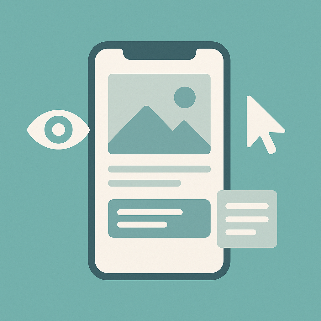 Minimalist illustration of a smartphone displaying an image and text layout, with an eye icon and cursor nearby, symbolizing accessibility and alt text for social media images.