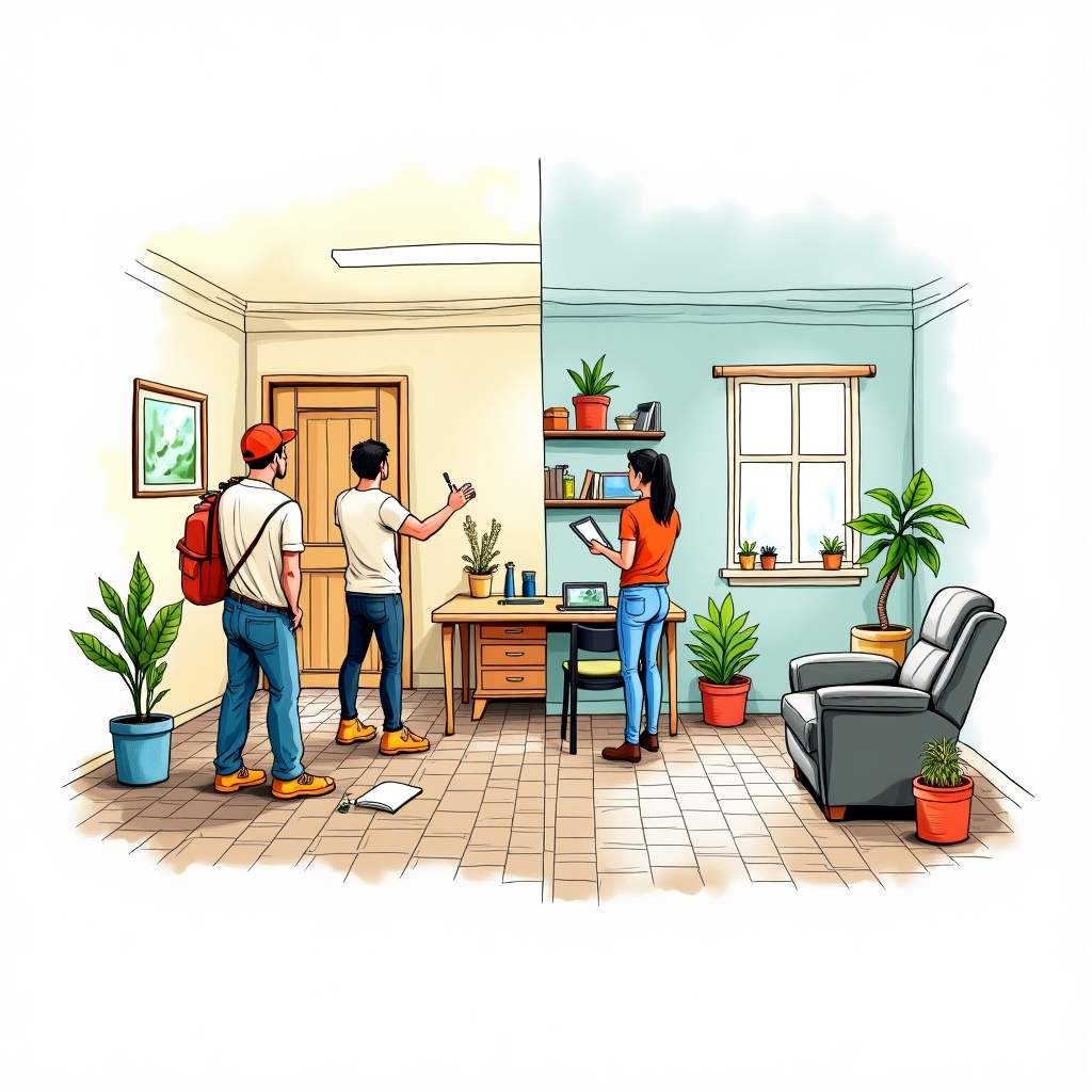 A split scene showcasing a bustling home service environment on one side