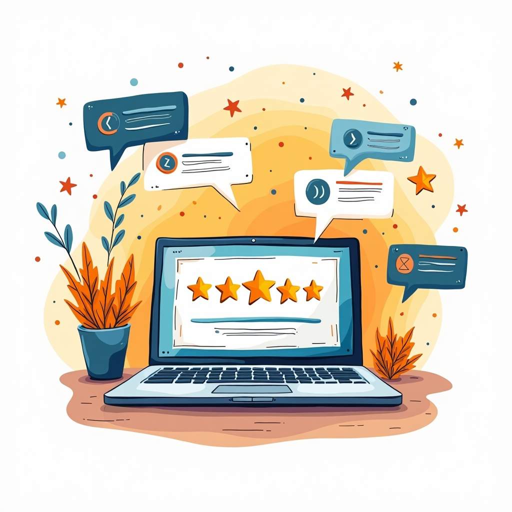 An open laptop with a glowing screen displaying a five-star rating and colorful speech bubbles filled with positive feedback