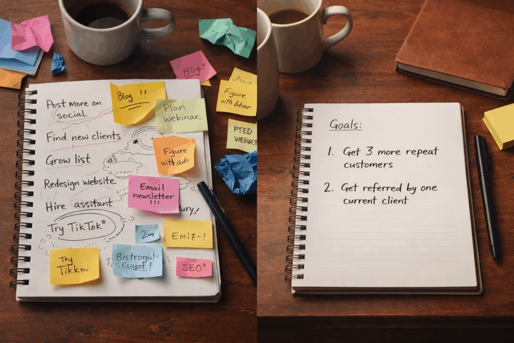 A split image showing contrast between overload and focus. On the left, a notebook covered in colorful sticky notes and scribbles lists many competing goals like posting on social media, redesigning a website, and trying new platforms, surrounded by crumpled notes and clutter. On the right, a clean notebook on the same desk lists just two clear goals, with minimal distractions, emphasizing clarity and prioritization.