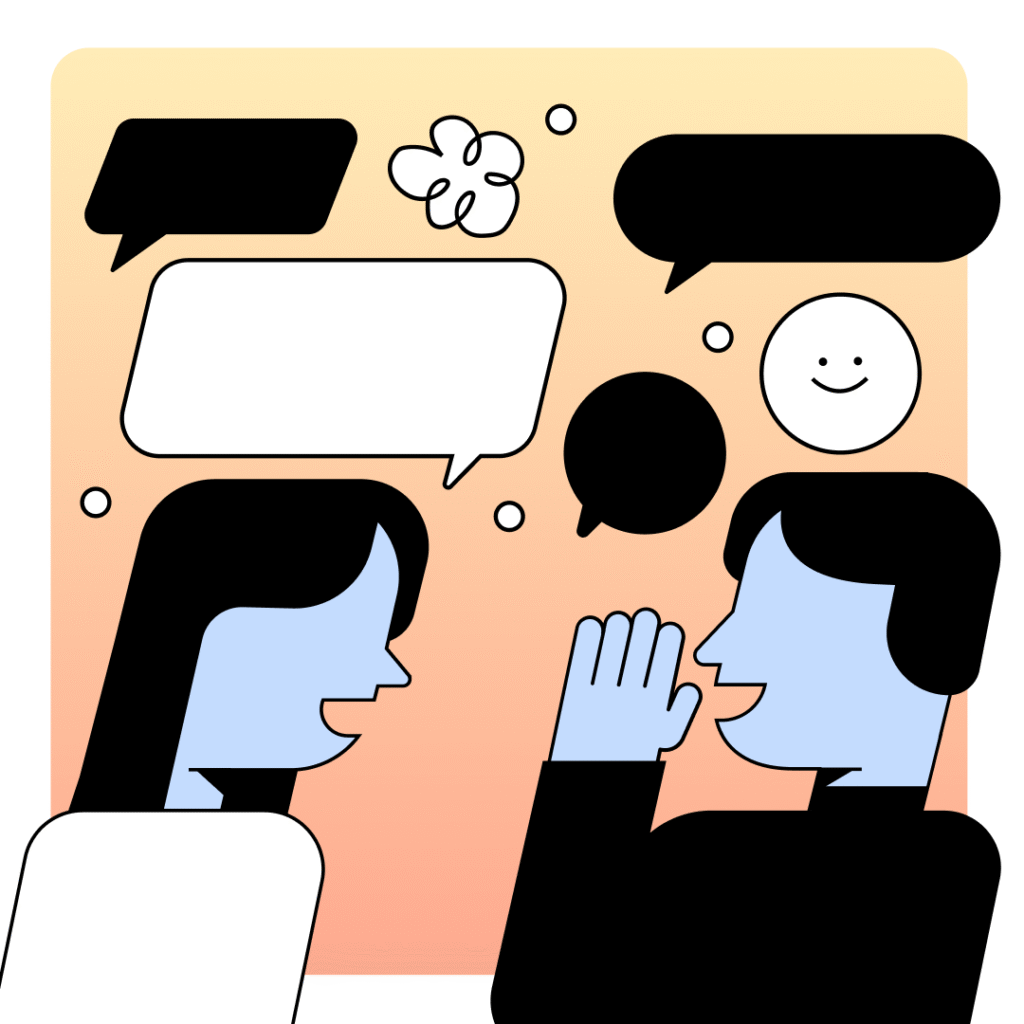 Illustration of two people in conversation with speech bubbles, representing active listening and meaningful customer conversations.