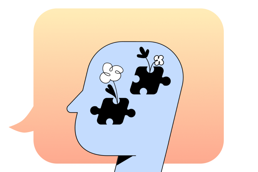 Abstract illustration of a human profile with puzzle pieces and growing ideas, representing insight formation through thoughtful listening and reflection.