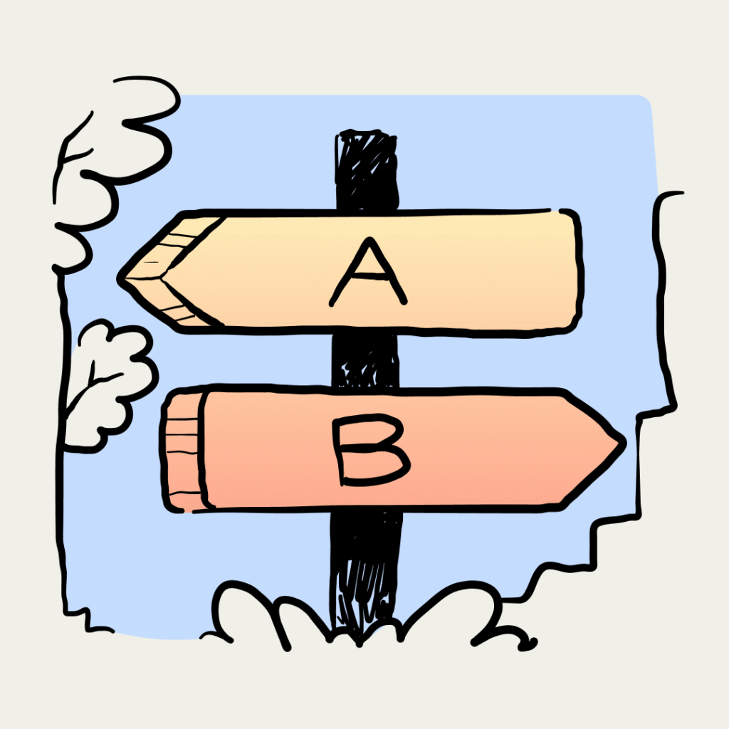 Illustration of a signpost pointing in two directions labeled A and B, representing alternative choices in a competitive market.