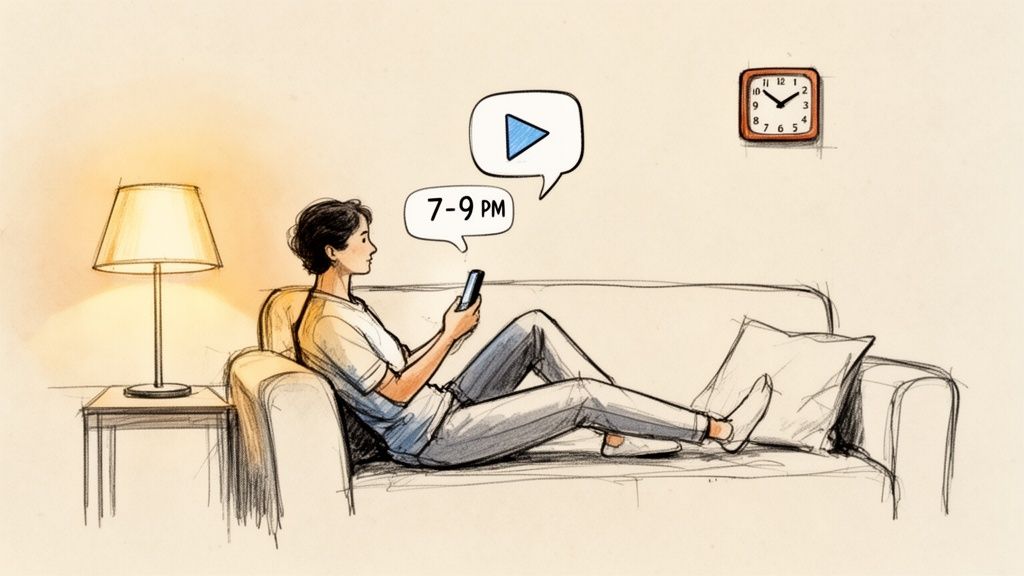A person relaxing on a couch, looking at their phone and watching content around 7 PM.