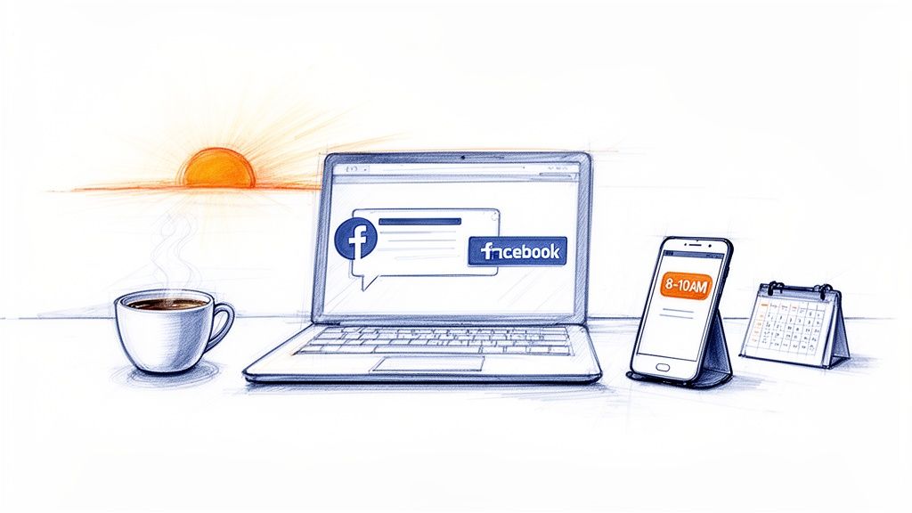An illustration of a morning setup with coffee, a laptop showing Facebook, a phone with "8-10 AM", and a calendar.