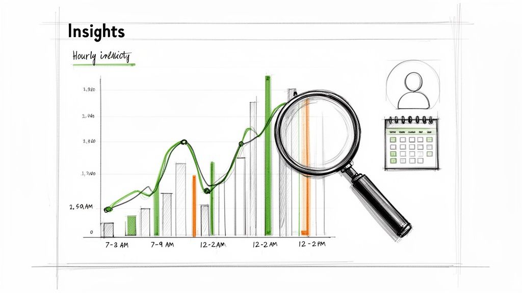 Hand-drawn illustration of hourly activity insights, featuring a bar chart, line graph, and magnifying glass.