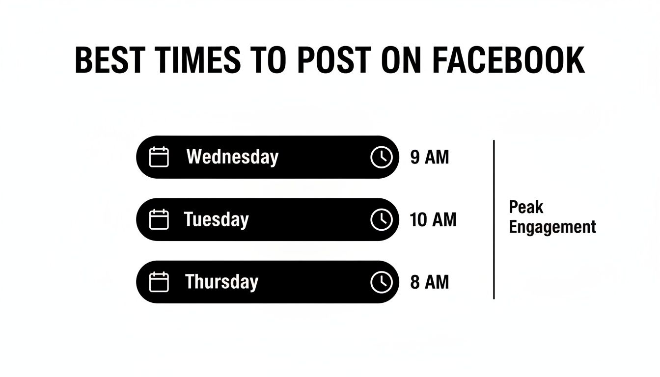 Infographic showing best times to post on Facebook for peak engagement: Wednesday 9 AM, Tuesday 10 AM, Thursday 8 AM.