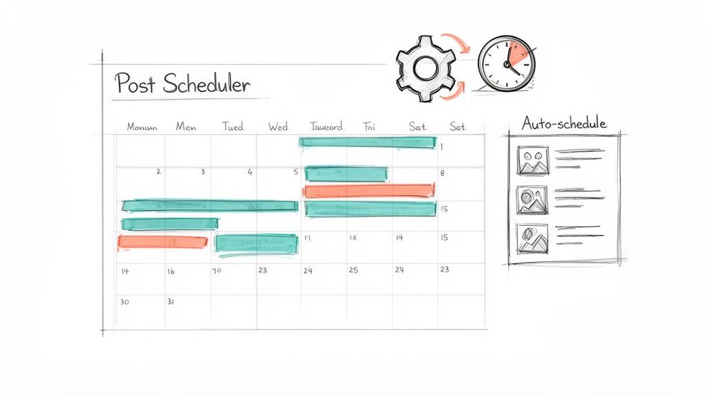 A sketch of a post scheduler calendar with auto-scheduling features and content examples.