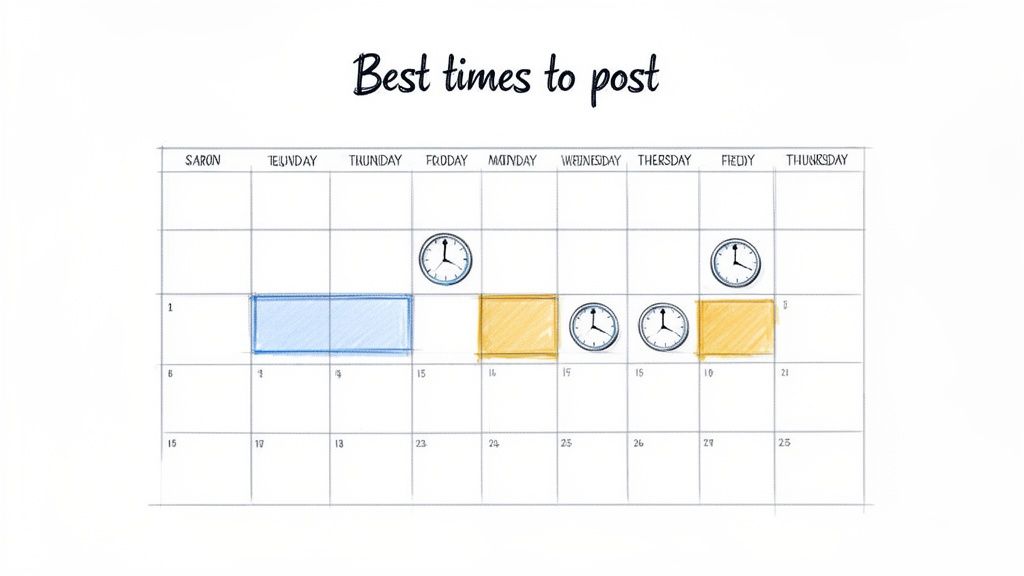 A hand-drawn calendar illustrating the best times to post with highlighted dates and clock icons.