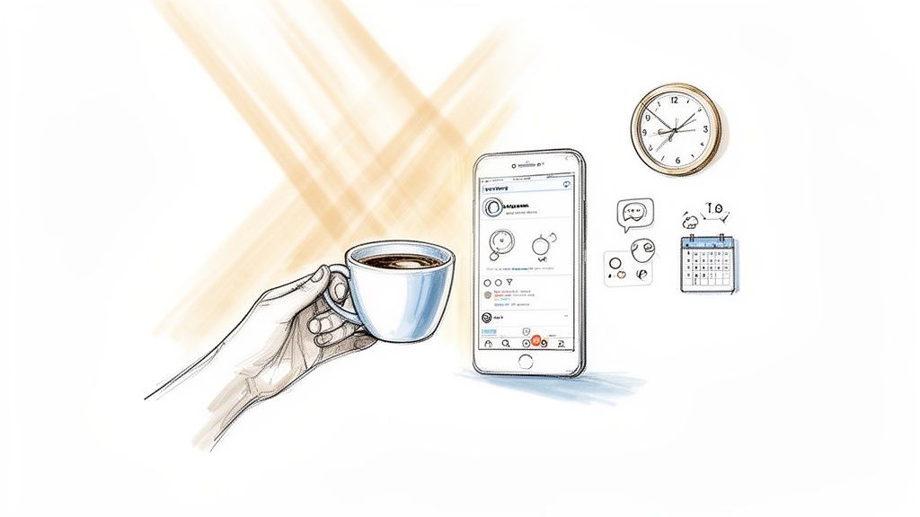 A sketch of a morning routine with coffee, social media on a phone, and time management elements.