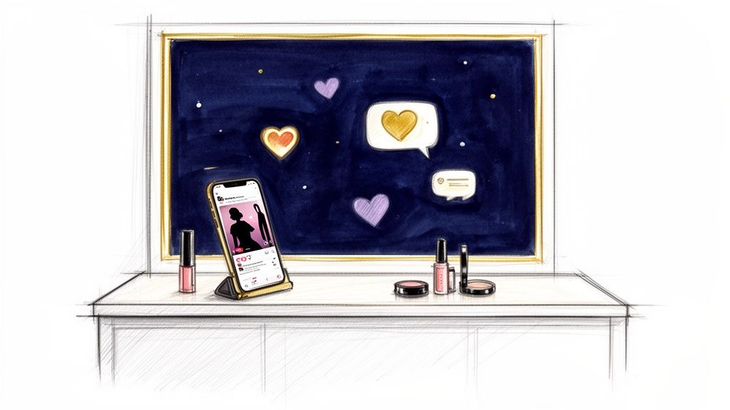 An illustration showing a smartphone with a social media live stream, makeup, and floating hearts.