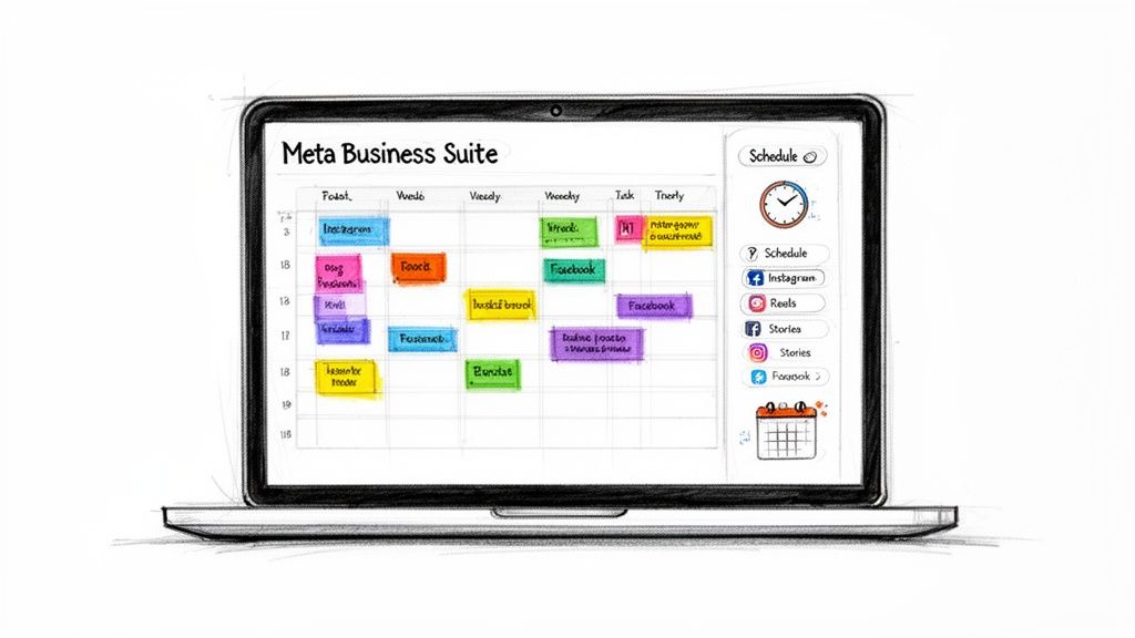 Hand-drawn laptop screen displaying Meta Business Suite, showing a social media content calendar for scheduling.