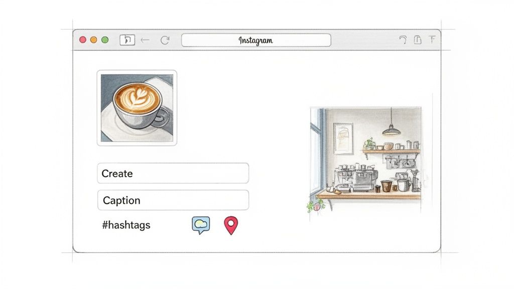 A web browser showing an Instagram interface to create a post with a coffee image, caption fields, and a coffee shop interior.