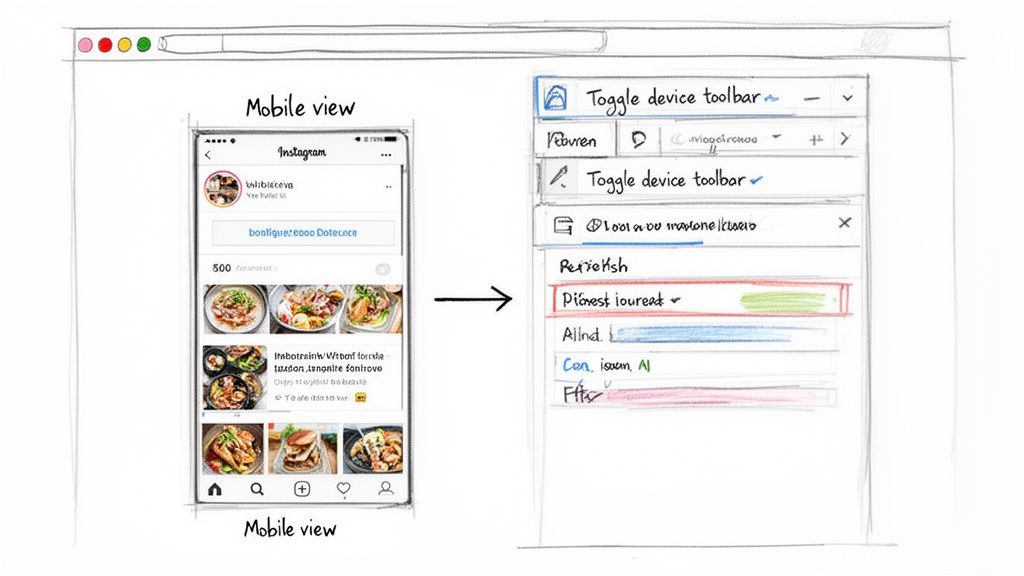 A sketch illustrating how to view Instagram's mobile interface on a desktop browser using developer tools.