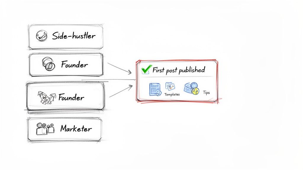 Flowchart showing user roles like founders and marketers achieving 'First post published' with resources.