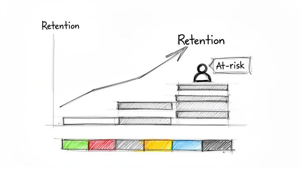 Hand-drawn chart showing increasing retention, an "At-risk" person, and progress bars.