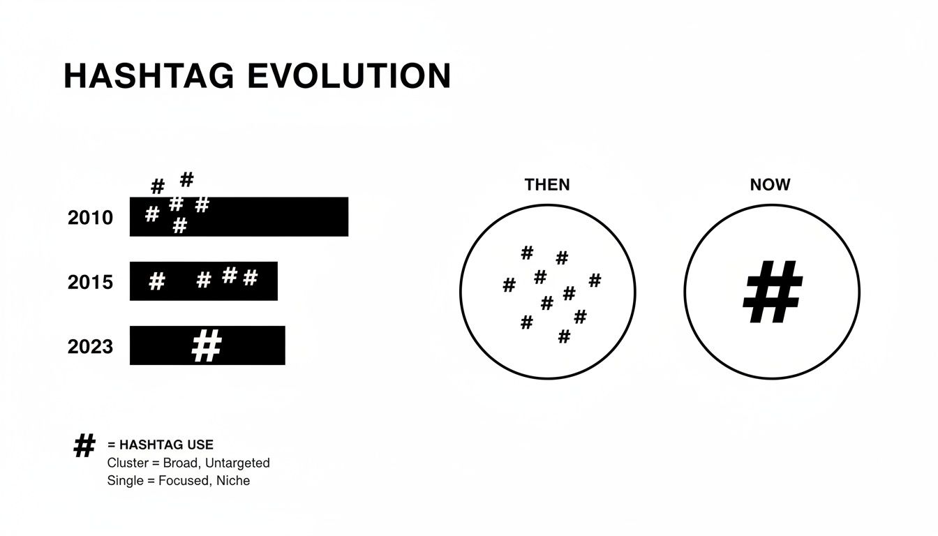 Infographic illustrating the evolution of hashtag use from many broad to a single focused hashtag.