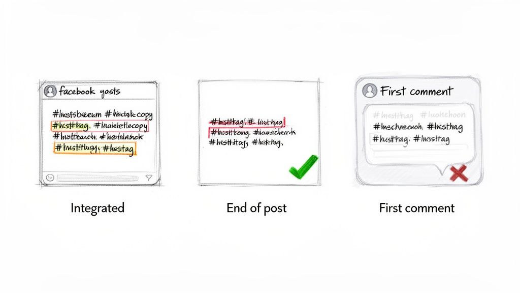 Illustrating effective and ineffective hashtag placement methods in social media posts with examples.
