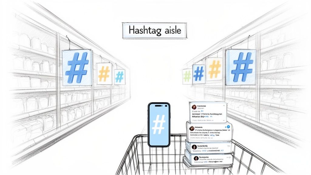 A conceptual image of a "Hashtag aisle" in a supermarket with a shopping cart holding a phone and social media posts.