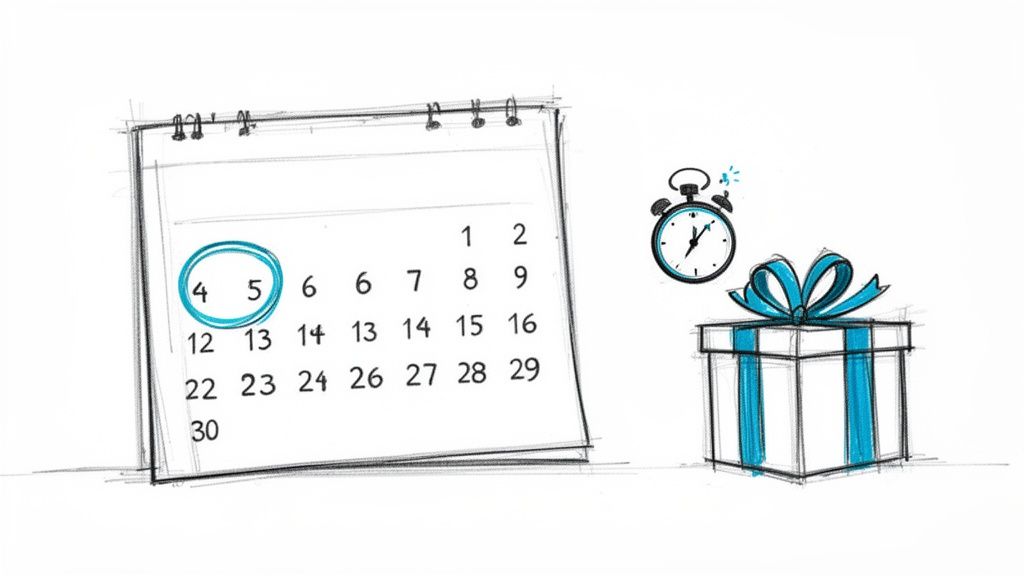 A hand-drawn calendar, alarm clock, and a gift box, symbolizing a special upcoming event.