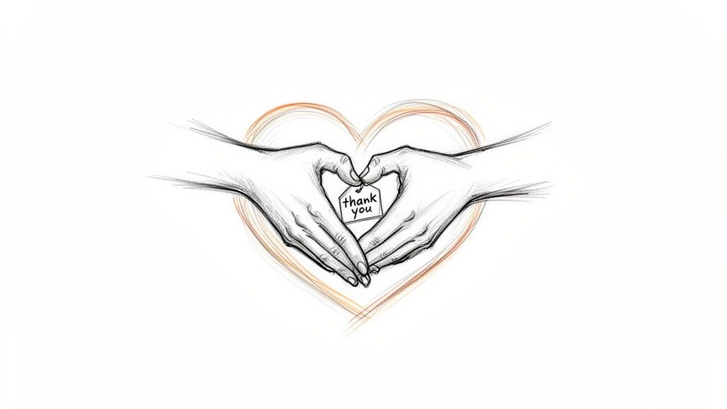 A pencil sketch of two hands forming a heart shape, holding a 'thank you' tag.