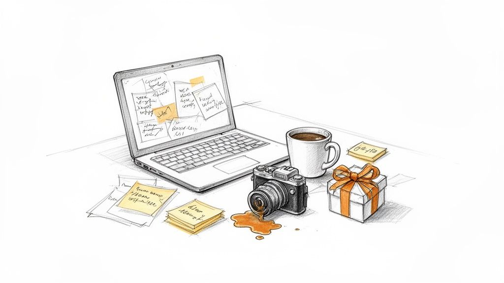Hand-drawn illustration of a creative workspace with a laptop, camera, spilled coffee, and a gift.
