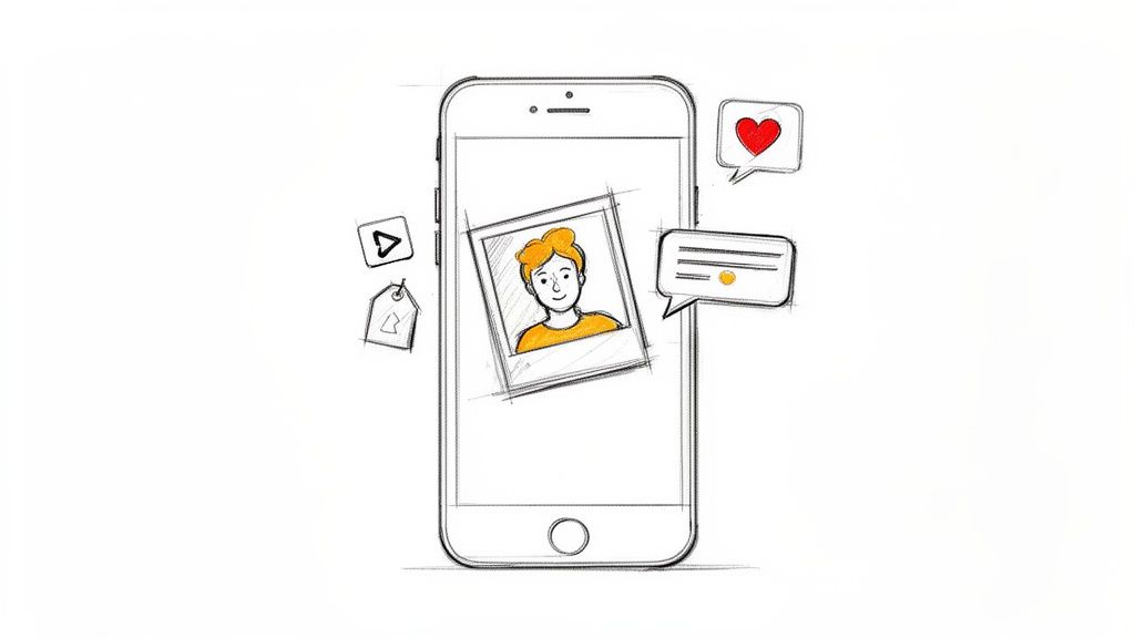 A playful sketch of a smartphone displaying a profile photo, surrounded by social media icons like heart and message bubbles.