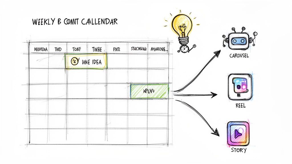Weekly content calendar for planning ideas, with output options like Carousel, Reel, and Story social media formats.
