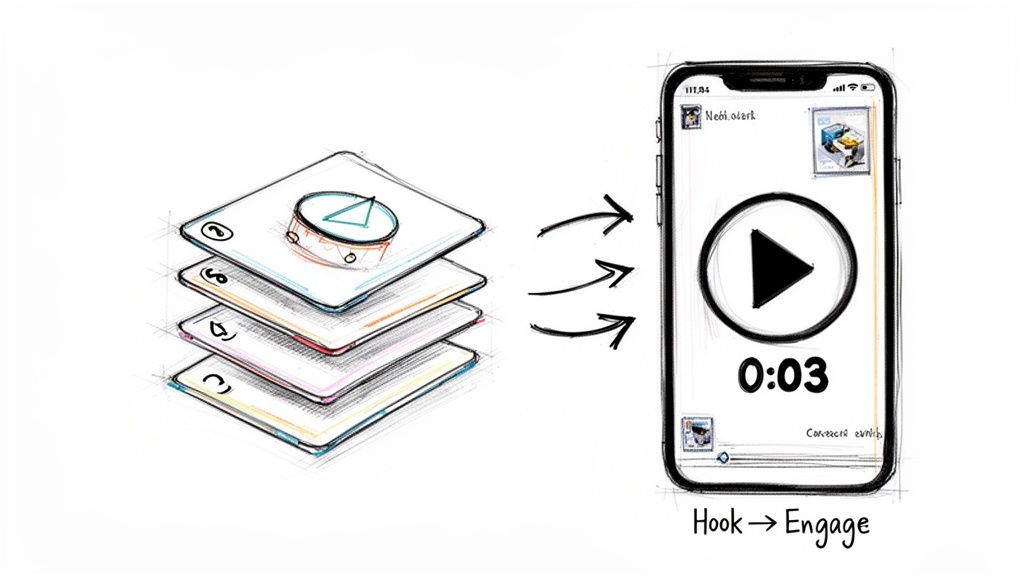 A stack of cards labeled 'Hook' transforming into a smartphone displaying a 'Play' button and '0:03' timer, representing 'Engage'.