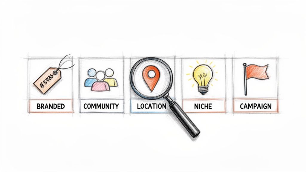 Visual representation of marketing strategies: Branded, Community, Location, Niche, Campaign, with location emphasized.