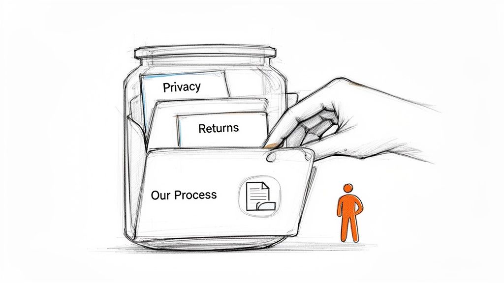 A hand pulls out a file labeled "Our Process" from a jar containing "Privacy" and "Returns" files, with a person icon.