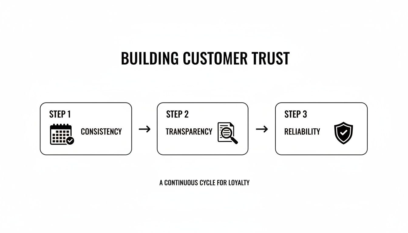 Flowchart outlining three steps to build customer trust: consistency, transparency, and reliability, forming a loyalty cycle.