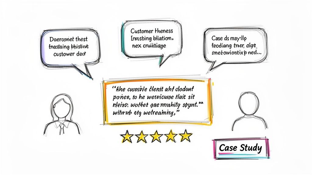 Hand-drawn sketch illustrating customer testimonials, feedback bubbles, 5-star rating, and a case study.
