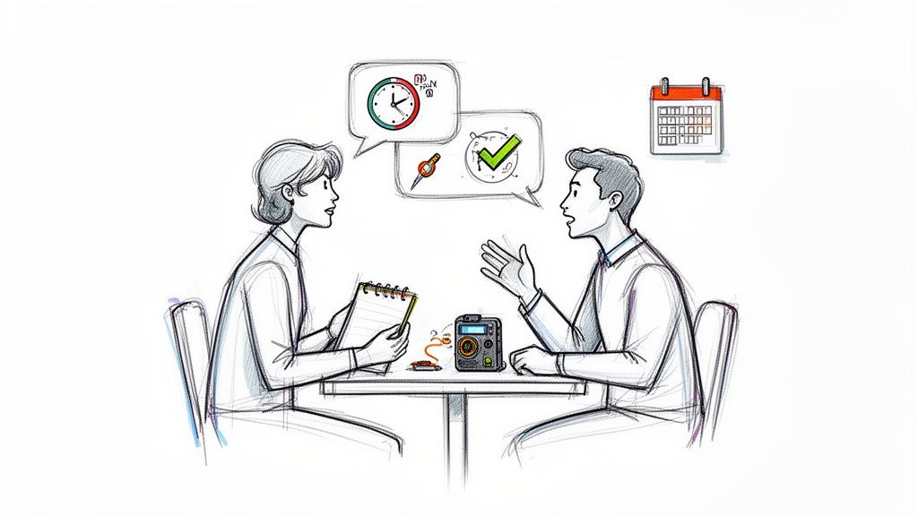 Two individuals in a business meeting discussing tasks, time, and scheduling, illustrated in a sketch style.