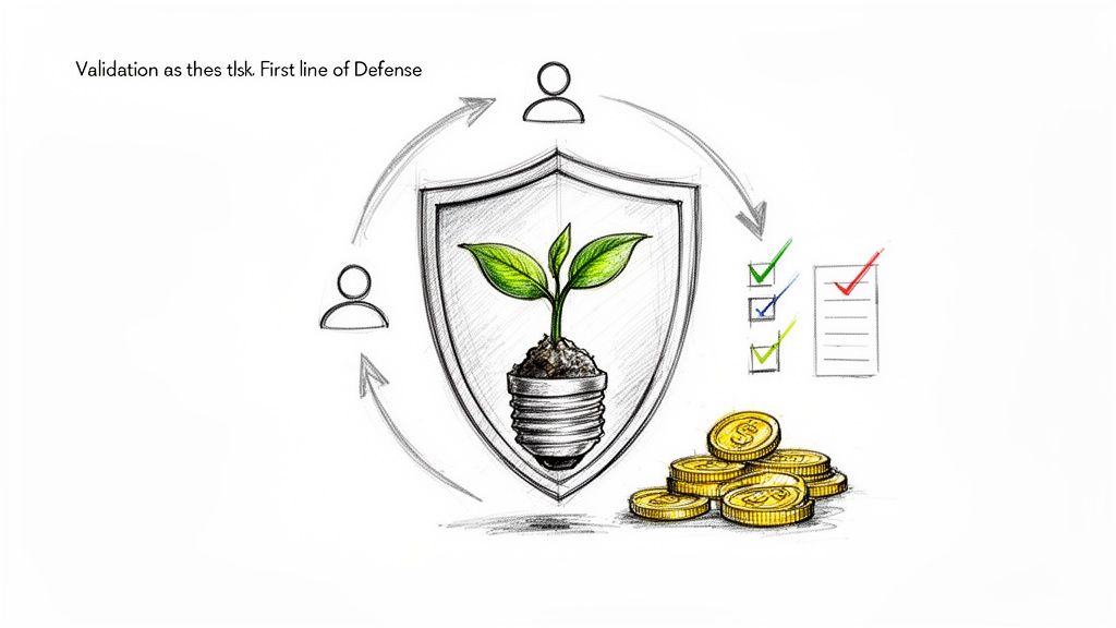 Sketch illustrating validation as the first line of defense, protecting ideas, people, and money with checks.