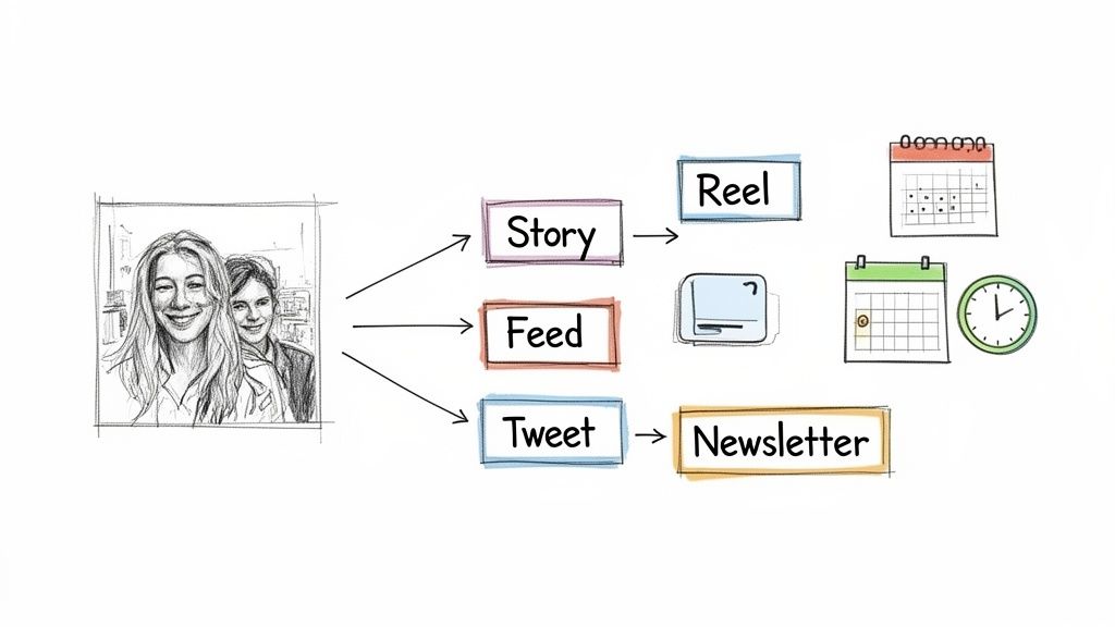A diagram illustrating a photo of two women repurposed into social media stories, feeds, tweets, reels, and newsletters, with scheduling icons.