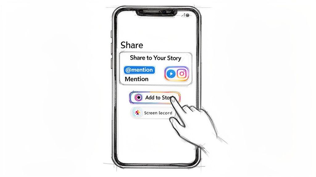 A hand taps "Add to Story" on a smartphone's share menu, showing options like "Share to Your Story" and "Mention."