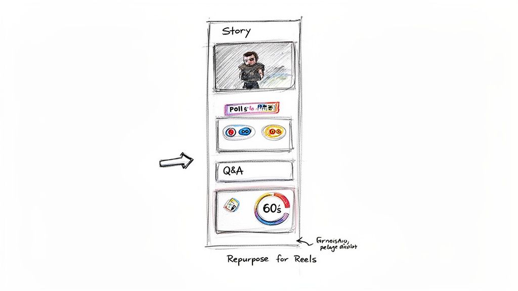 Hand-drawn sketch of a mobile app UI showcasing Story, Polls, Q&A, and 60s video elements for Reels.