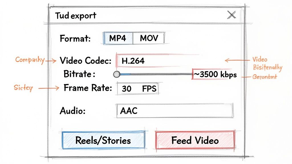 A hand-drawn sketch of a video export settings dialog box with options for format, codec, bitrate, and frame rate.