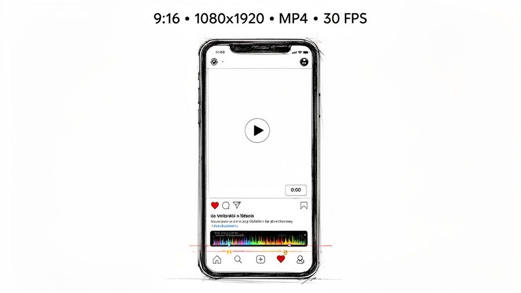 A sketch of a smartphone displaying Instagram video format specifications: 9:16, 1080x1920, MP4, 30 FPS.