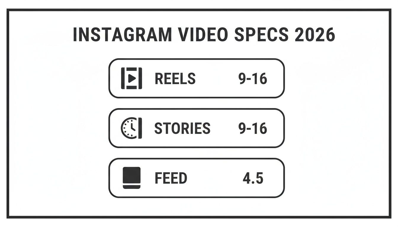 Instagram video specifications for Reels, Stories, and Feed with their aspect ratios for 2026.