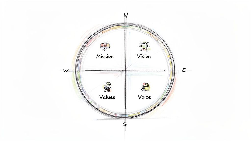 A compass diagram illustrating Mission, Vision, Values, and Voice, essential elements for branding.
