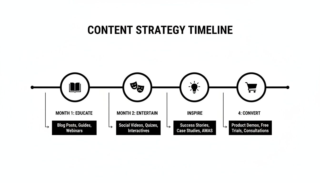 A content strategy timeline outlining four stages: educate, entertain, inspire, and convert with content examples.