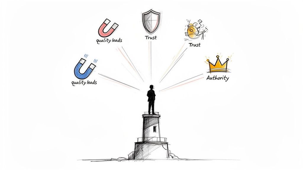 An illustration of a person on a lighthouse radiating quality leads, trust, and authority.